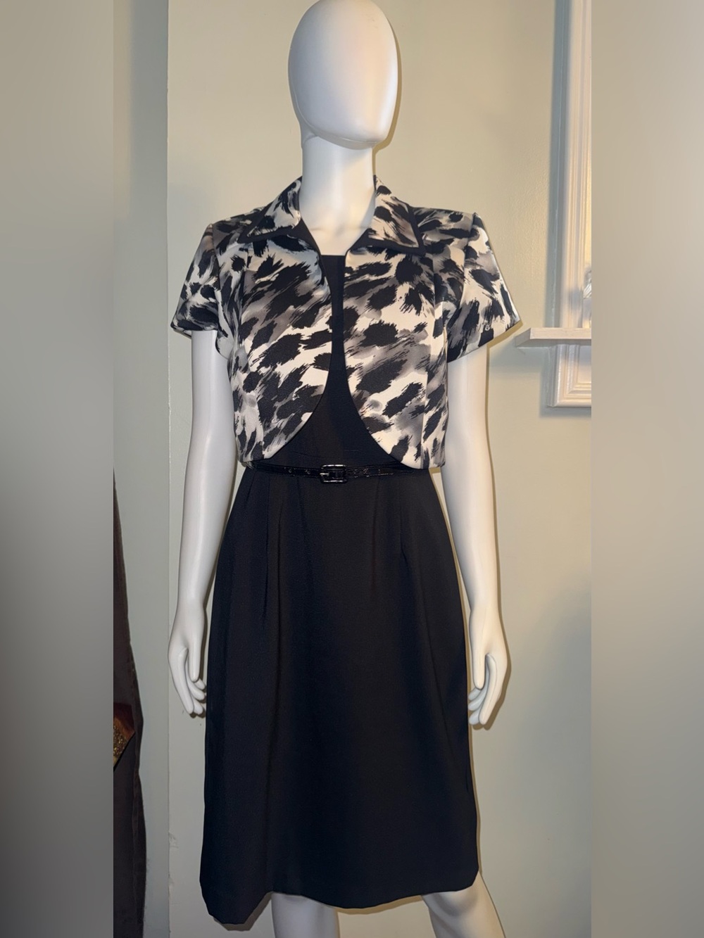 Studio I Black Midi Dress with Black & White Printed Bolero